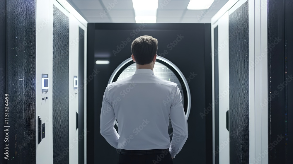 Poster engineer in server room observing round scanner representing global networking and data storage tech