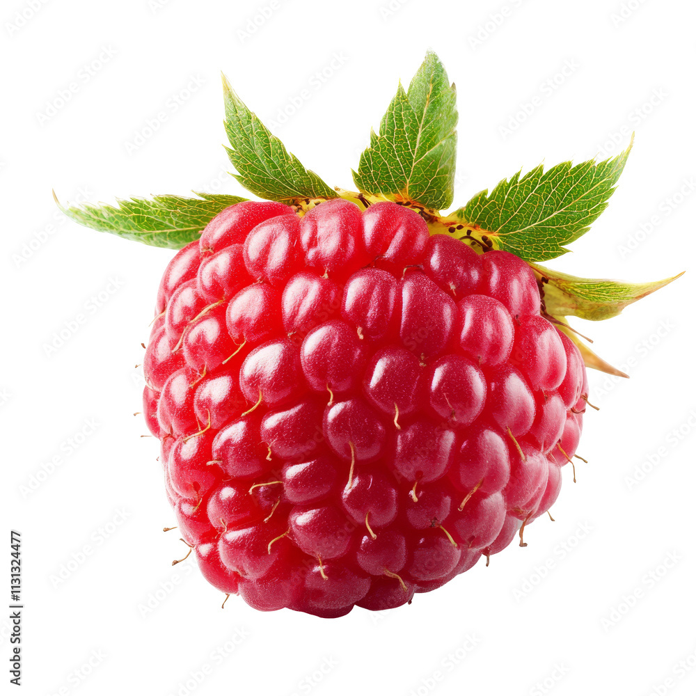 Poster solitary raspberry resting on a clean transparent background, showcasing its vibrant color and textu