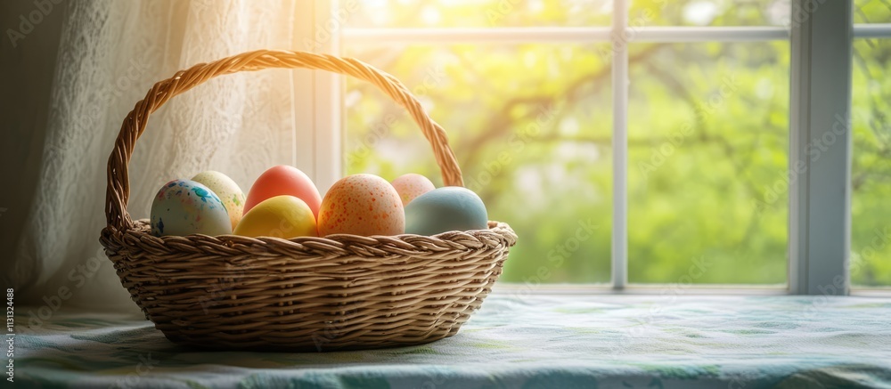 Poster easter eggs in a wicker basket illuminated by sunlight beside a window on a tablecloth with a soft g