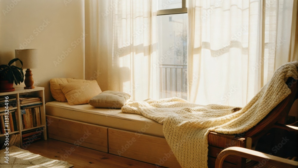 Poster A cozy bedroom with a low wooden bed frame adorned with a thick creamcolored knit blanket and tered soft pillows. Sheer curtains lightly filter the afternoon sun while a small
