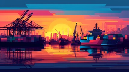 Fototapeta premium Vibrant Sunset Reflection Over Port with Cargo Ships and Cranes, Capturing the Essence of Maritime Industry and Urban Skyline in a Colorful Digital Artwork