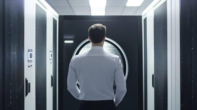 Engineer in server room observing round scanner representing global networking and data storage technology advancements in business solutions