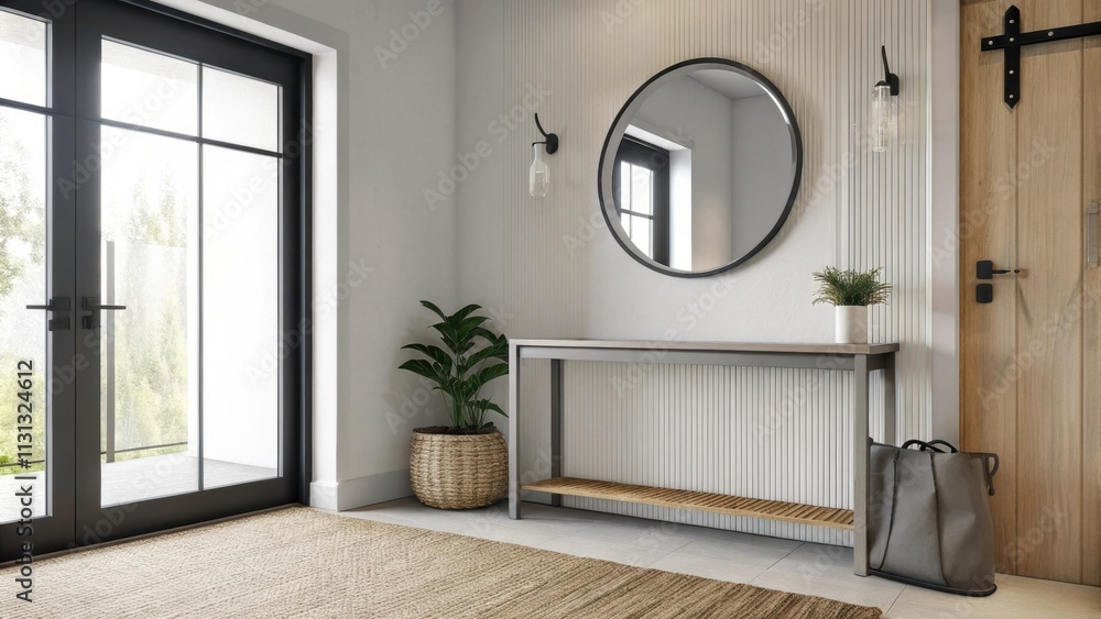 Poster A stylish entryway showcasing a textured woven runner and a minimalist console table. A round mirror hangs above the table reflecting the light from a nearby window. Potted