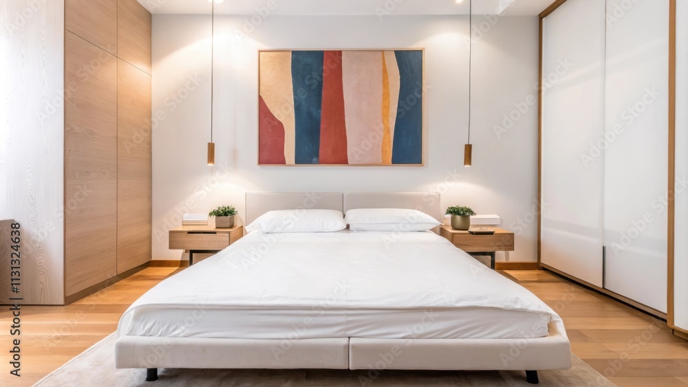 Poster A minimalist bedroom with a platform bed adorned in white linens simple bedside tables with small potted plants and a large abstract artwork above the headboard all set against