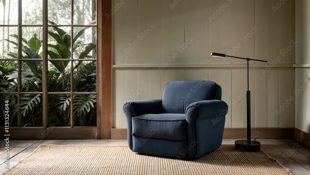 Poster a cozy reading nook with a plush oversized armchair in deep navy paired with a sleek side table and 