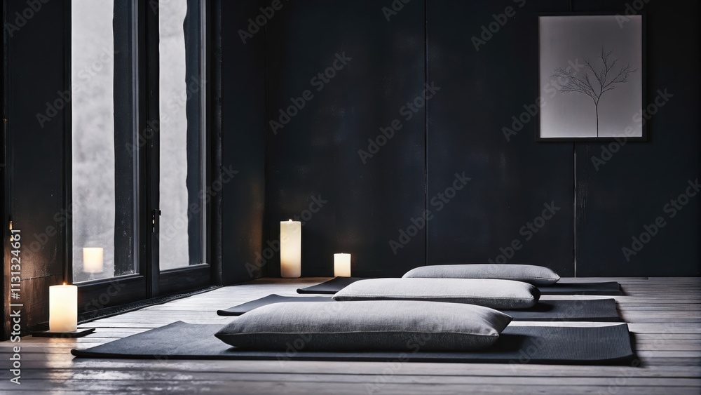Poster a serene meditation space with smooth neutraltoned cushions on a wooden floor a few candles p symmet