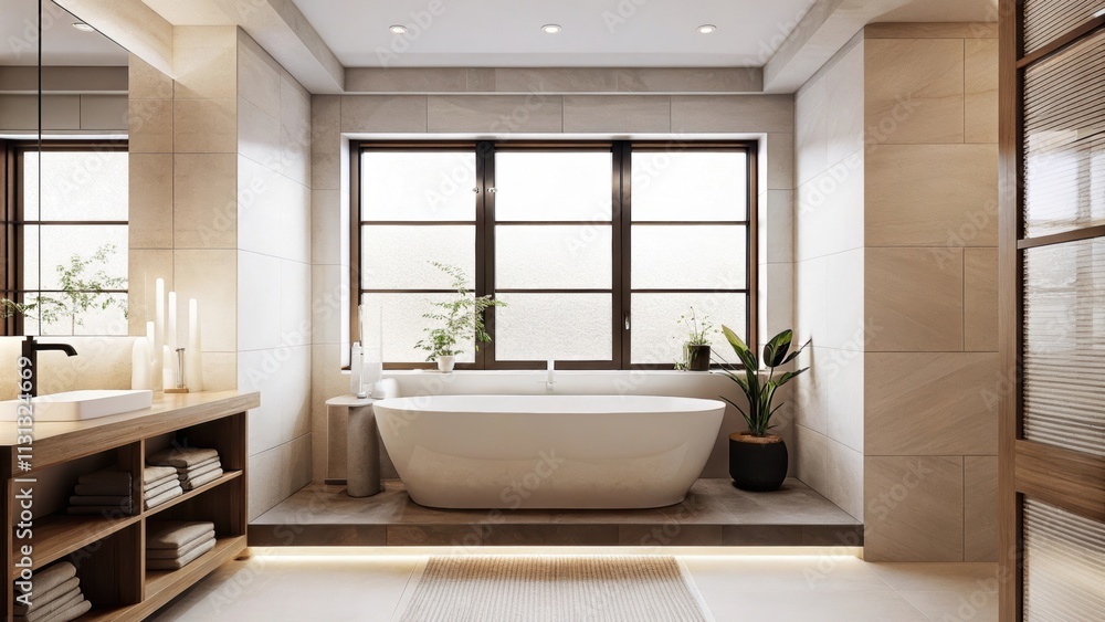 Poster An airy bathroom with clean lines and a calming palette. A freestanding tub sits beneath a window surrounded by candles and potted plants while a wooden shelf with neatly stacked