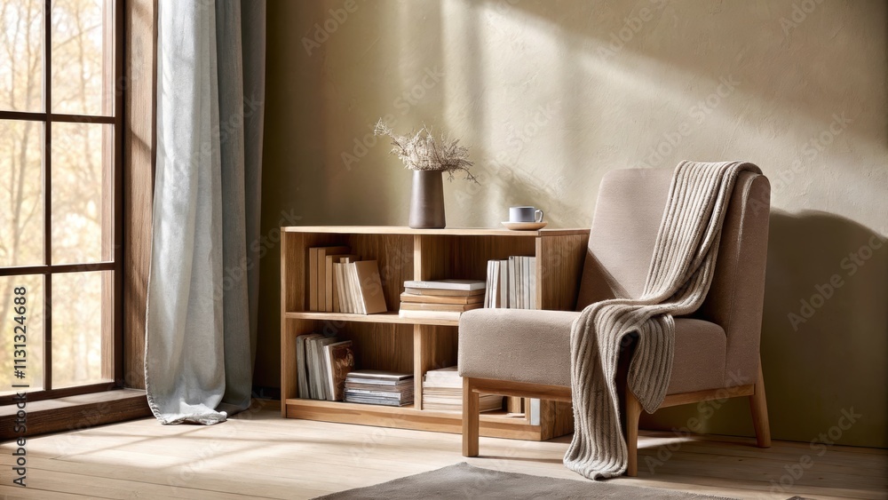 Aufkleber A calming reading corner with a low wide shelf filled with books and a plush armchair draped in a soft throw. Natural light streams through a nearby window illuminating a small