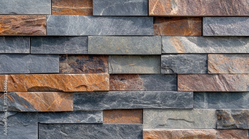 Poster textured brick facade with varying colors creating a natural stone wall background for architectural