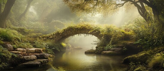 Serene landscape photography showcasing a misty garden with a stone bridge and lush greenery for design inspiration.
