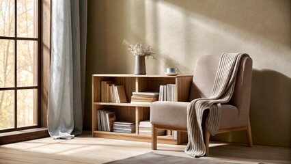 A calming reading corner with a low wide shelf filled with books and a plush armchair draped in a soft throw. Natural light streams through a nearby window illuminating a small