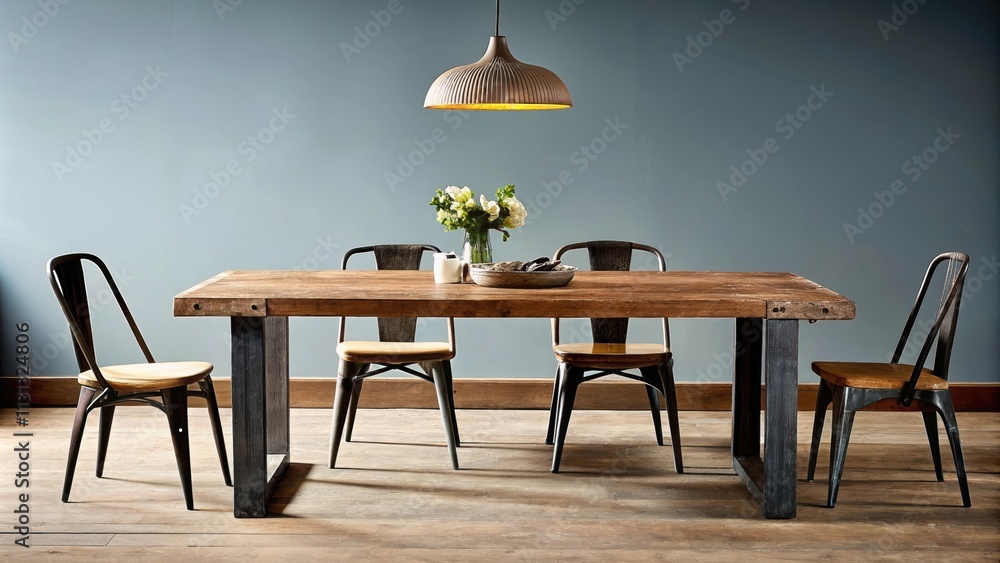 Poster an inviting dining area showcases a rustic wooden table set for six surrounded by mismatched vintage