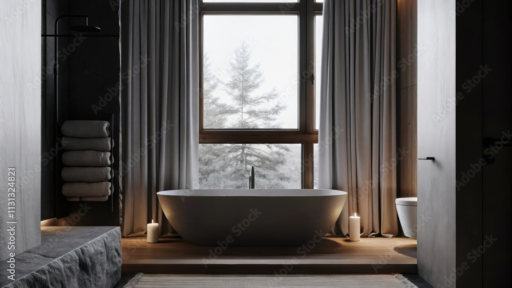 Aufkleber A calm spalike bathroom showcasing a freestanding soaking tub under a window with curtains. Smooth stone elements and flickering candles create a serene ambiance while plush towels