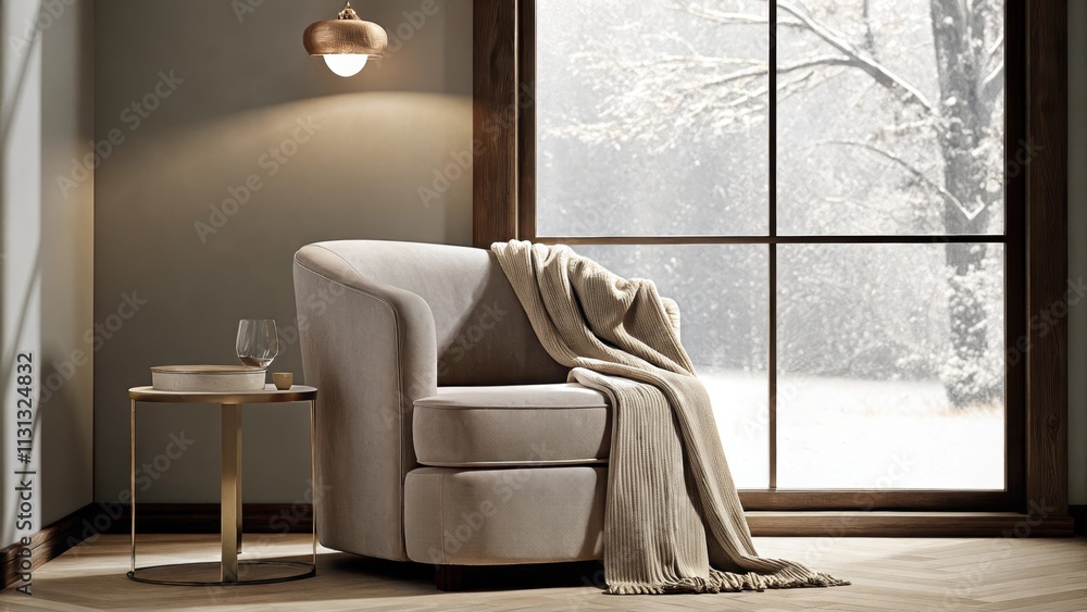 Poster a cozy reading nook with a plush taupe armchair and a small side table nestled beside a large window