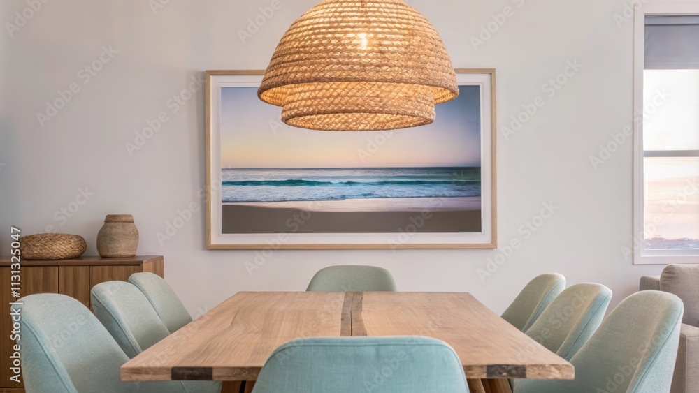 Poster a tranquil dining room featuring a reclaimed wooden table surrounded by mismatched chairs in soft pa