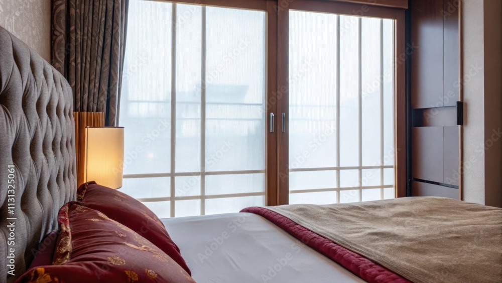 Poster a serene bedroom showcasing a tufted headboard upholstered in rich brocade fabric complemented by si