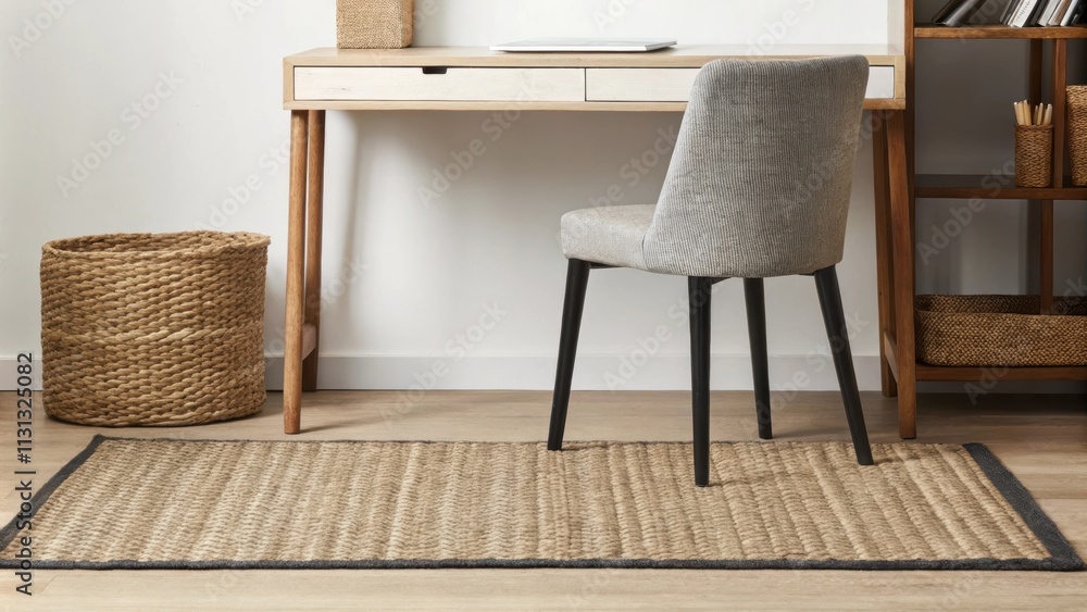 Poster A stylish home office featuring a woven area rug under a sleek modern desk paired with a chair upholstered in a textured fabric and a shelf above displaying unique woven baskets