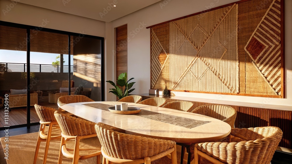 Poster a sunlit dining room with a large oval table set with woven place mats surrounded by a mix of rattan