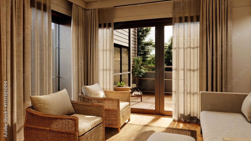 Poster an airy sunroom filled with textured wicker furniture dressed in soft linen cushions complemented by