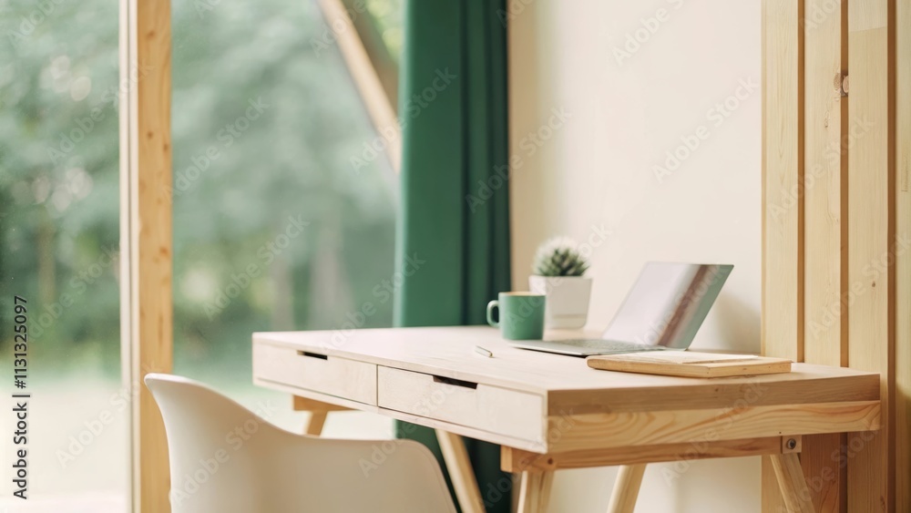 Poster a sleek home office with a simple wooden desk a minimalistic chair and a small potted succulent bath