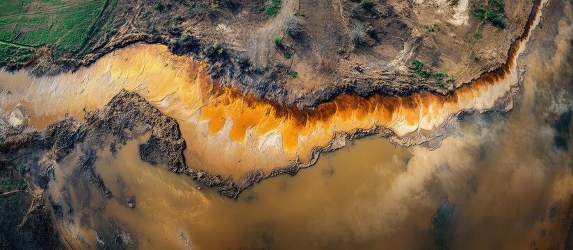 Aerial view of river flood erosion showcasing agricultural fields and dam reservoir effects on alluvial soil with cloudy backdrop