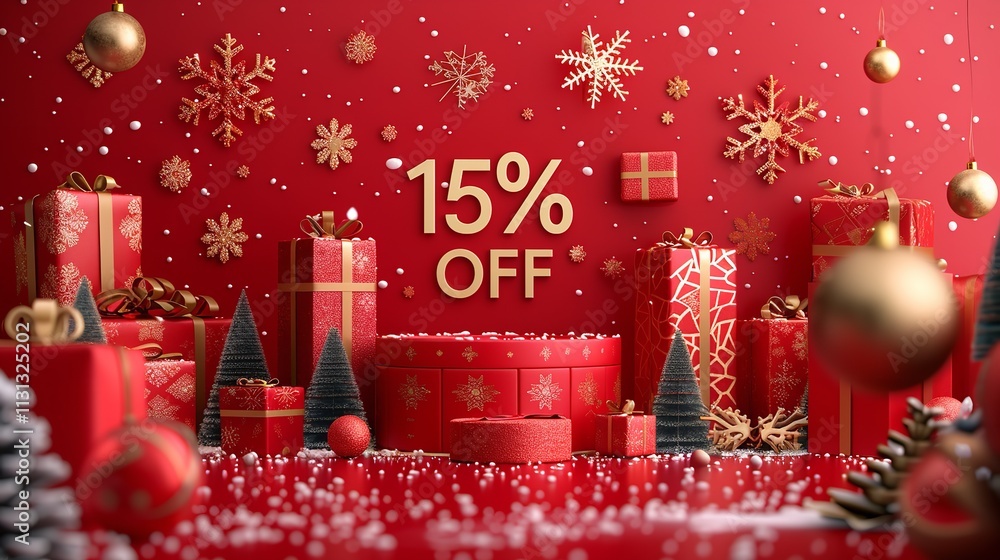 Poster festive shopping is occurring in this 3d winter scene consisting of snowflakes and presents over red