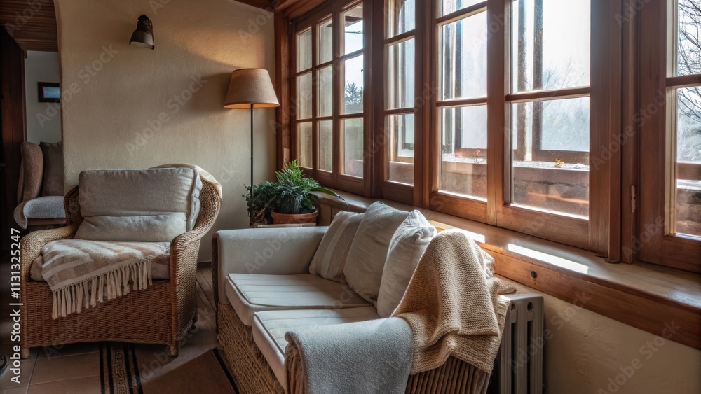Poster A charming sunroom decorated with soft creamcolored furniture and lightfilled windows layered with woven textures and warm natural elements evoking a sense of balance and