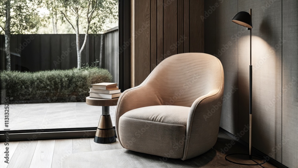 Poster A tranquil reading nook with a soft oversized armchair in muted tones a small side table holding a stack of books and a floor lamp all set beside a large window that showcases a