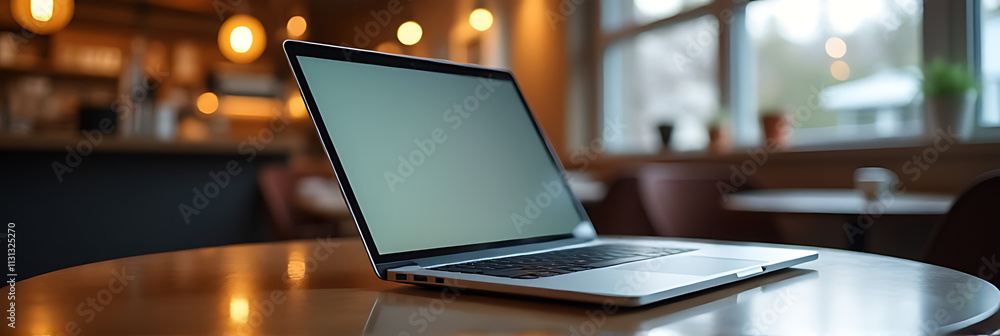 Poster a modern laptop sits on a table in a blurred coffee shop setting, its screen glowing softly in the b