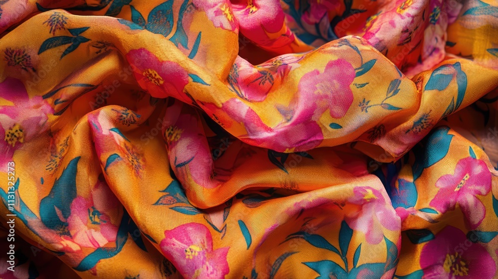 Poster vibrant floral silk fabric with intricate patterns and rich colors creating an elegant textured back