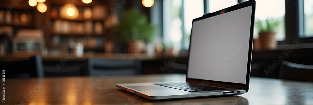 Poster a modern laptop sits on a table in a blurred coffee shop setting, its screen glowing softly in the b