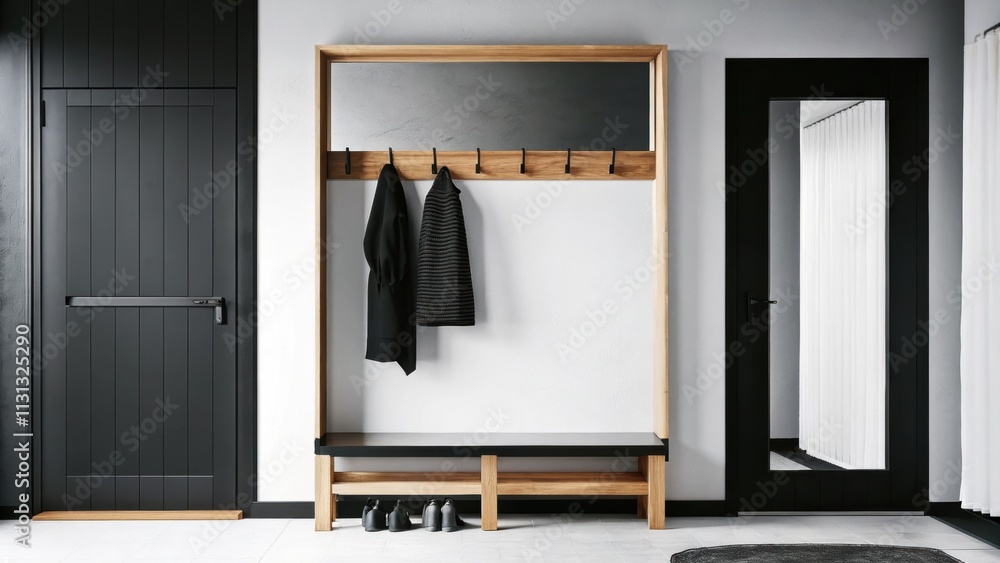 Poster A minimalist entryway adorned with a simple bench a few hooks for coats and a large mirror framed in natural wood all set against a backdrop of light walls and a clean tiled floor.