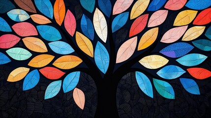 Colorful abstract tree with vibrant leaves.