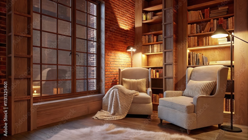 Aufkleber A cozy reading nook nestled near a large bay window with a builtin bookshelf soft armchairs draped in fluffy throws and warm light streaming in casting a gentle glow.