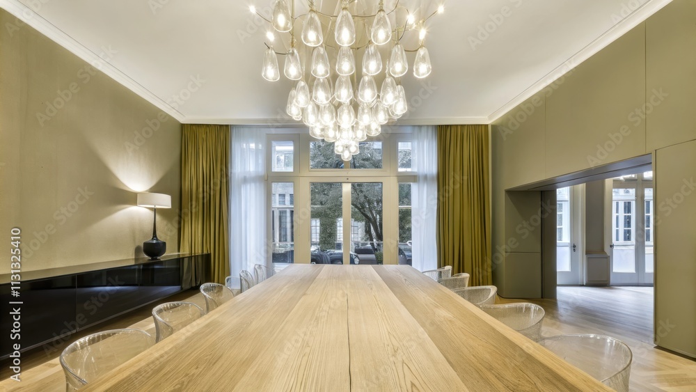 Poster An elegant dining area with a long wooden table under a large modern chandelier surrounded by transparent chairs and flooded with natural light from expansive windows.
