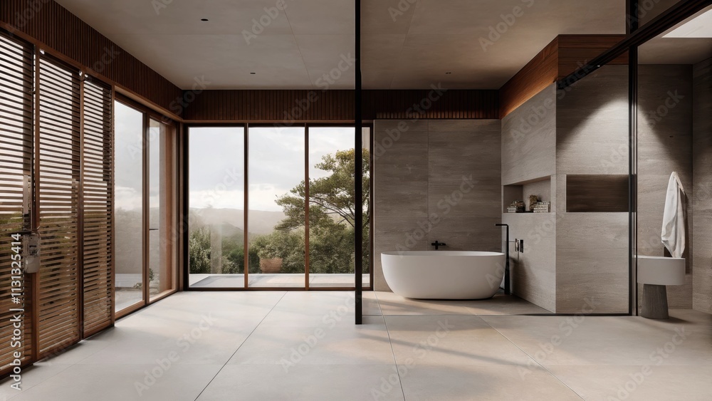 Poster a bathroom oasis with floortoceiling windows allowing ample sunlight a freestanding bathtub and pale