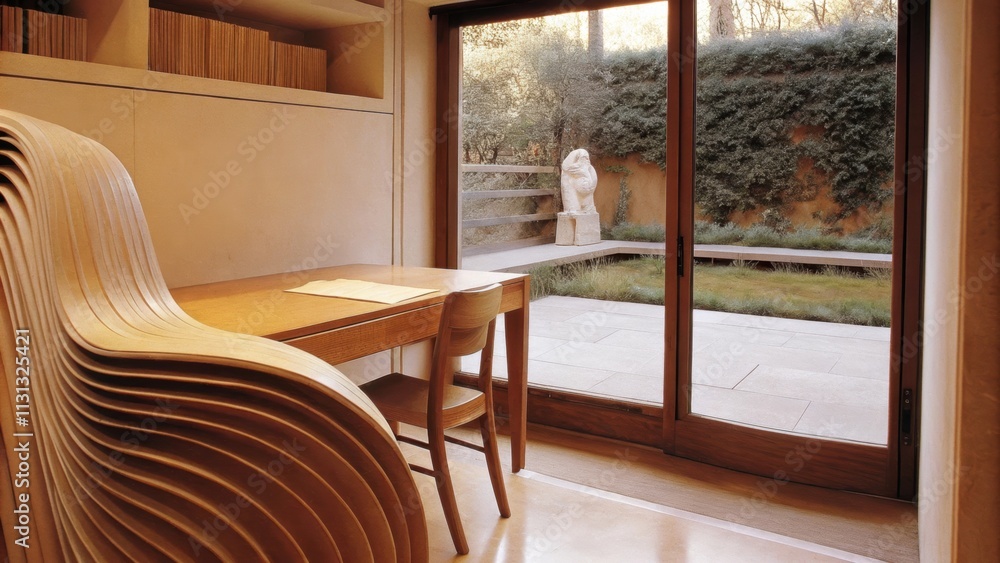 Poster A tranquil study featuring a sculptural wooden desk with flowing lines paired with a slender chair and a large window that frames views of a sculpted garden outside allowing ample