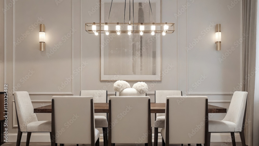 Poster an understated dining area with a polished walnut table set for six. the chairs are sleek and uphols