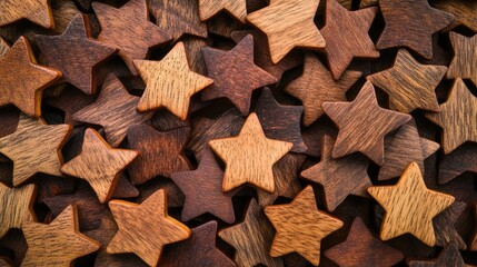 Fototapeta premium Wooden star tokens representing customer satisfaction ratings and feedback on product quality displayed on a textured surface background