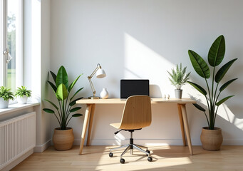 Fototapeta premium clean minimalist home office features wooden desk laptop chair plants natural sunlight cozy