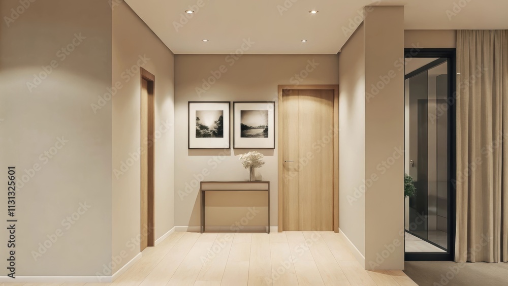 Poster An inviting hallway showcases smooth lightcolored wood flooring and soft beige walls accented by framed blackandwhite photographs. A narrow console table holds a delicate vase of