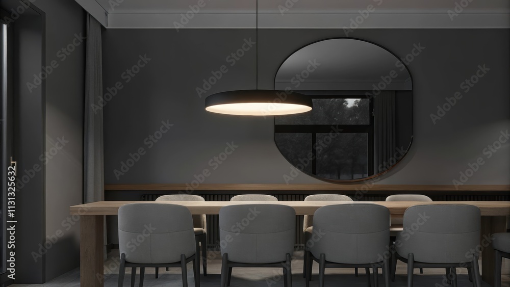Poster an elegant dining area features a long rectangular table crafted from light wood surrounded by cushi