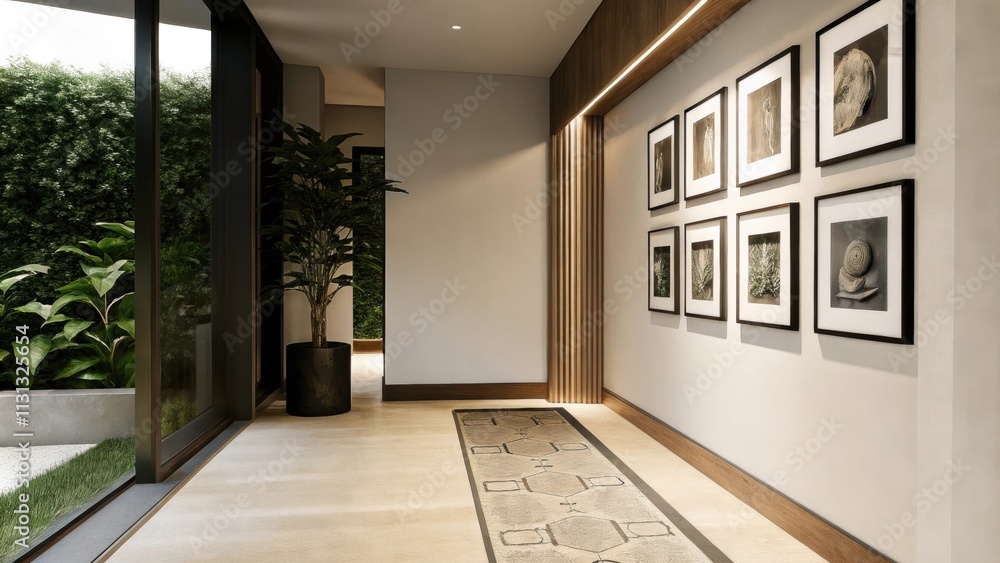 Poster a subtle gallery wall in a contemporary hallway where a series of blackandwhite photographs are fram