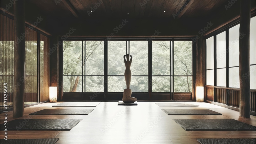 Aufkleber A calming yoga studio with bamboo flooring surrounded by large windows featuring a central freestanding sculpture that mimics the form of a flowing figure inviting tranquility into