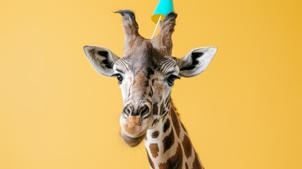 Obraz premium Funny giraffe with playful expression at a party, making a silly face and having a great time as a party animal in a fun and lively atmosphere