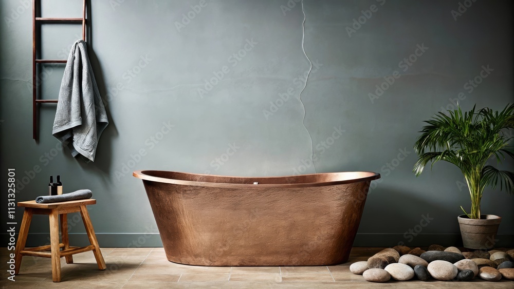 Aufkleber A tranquil bathroom highlights a freestanding copper tub with a patina surrounded by smooth stones and potted plants. The walls are a muted gray with subtle cracks while a simple