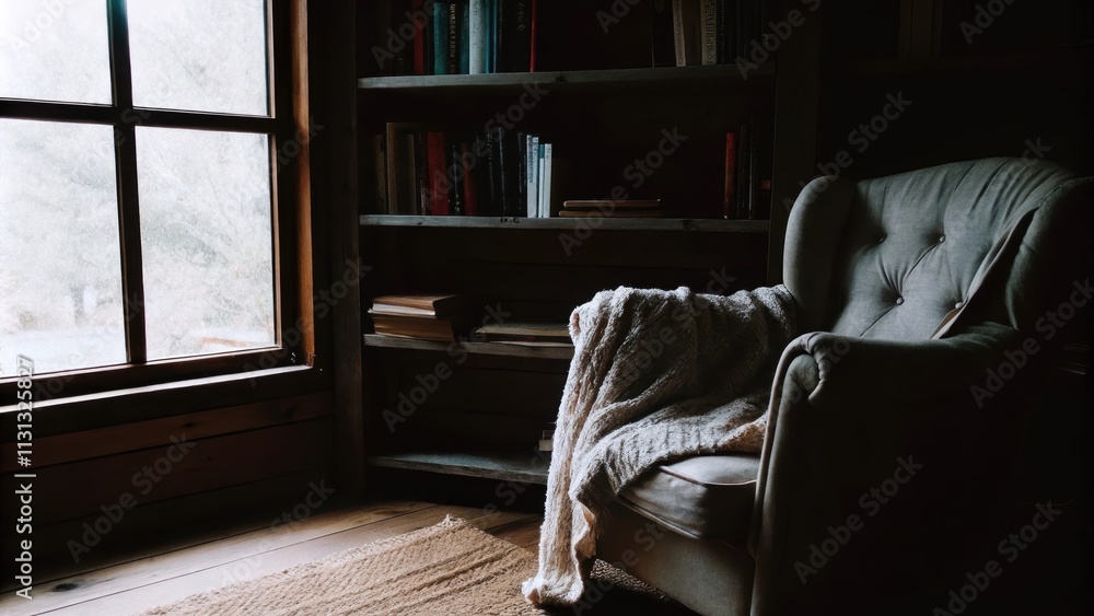 Poster A cozy reading nook with a plush armchair draped in a soft knitted blanket. Shelves made of reclaimed wood display an array of leatherbound books and a jute rug adds texture to the