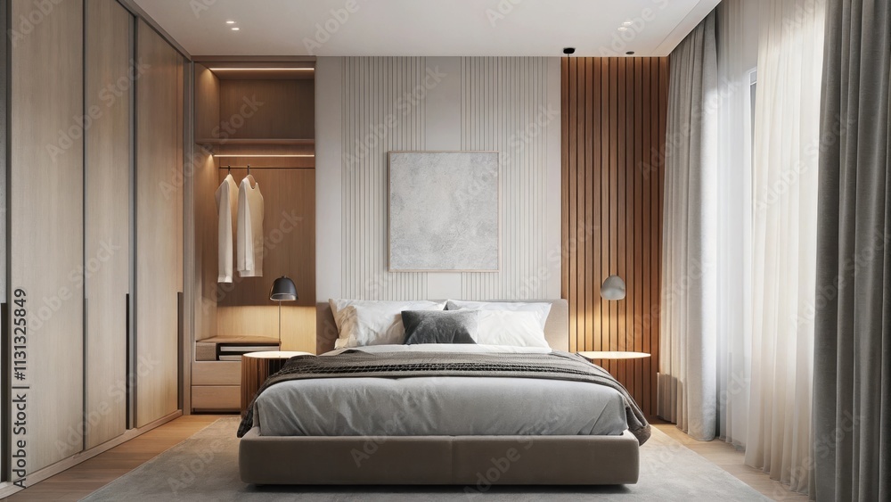 Poster An airy bedroom characterized by seamless integration of different textiles. The walltowall carpet blends beautifully with the layered bedding in neutral tones and a statement art
