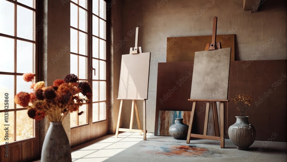 Fototapete an art studio with large windows flooding the space with natural light. easels are surrounded by ear