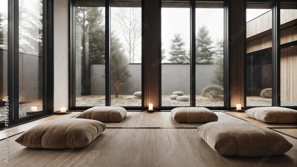 Poster A serene meditation room with soft earthtoned cushions arranged on a woven mat. Floortoceiling windows bring in views of a zenstyled garden while candles and stones create a